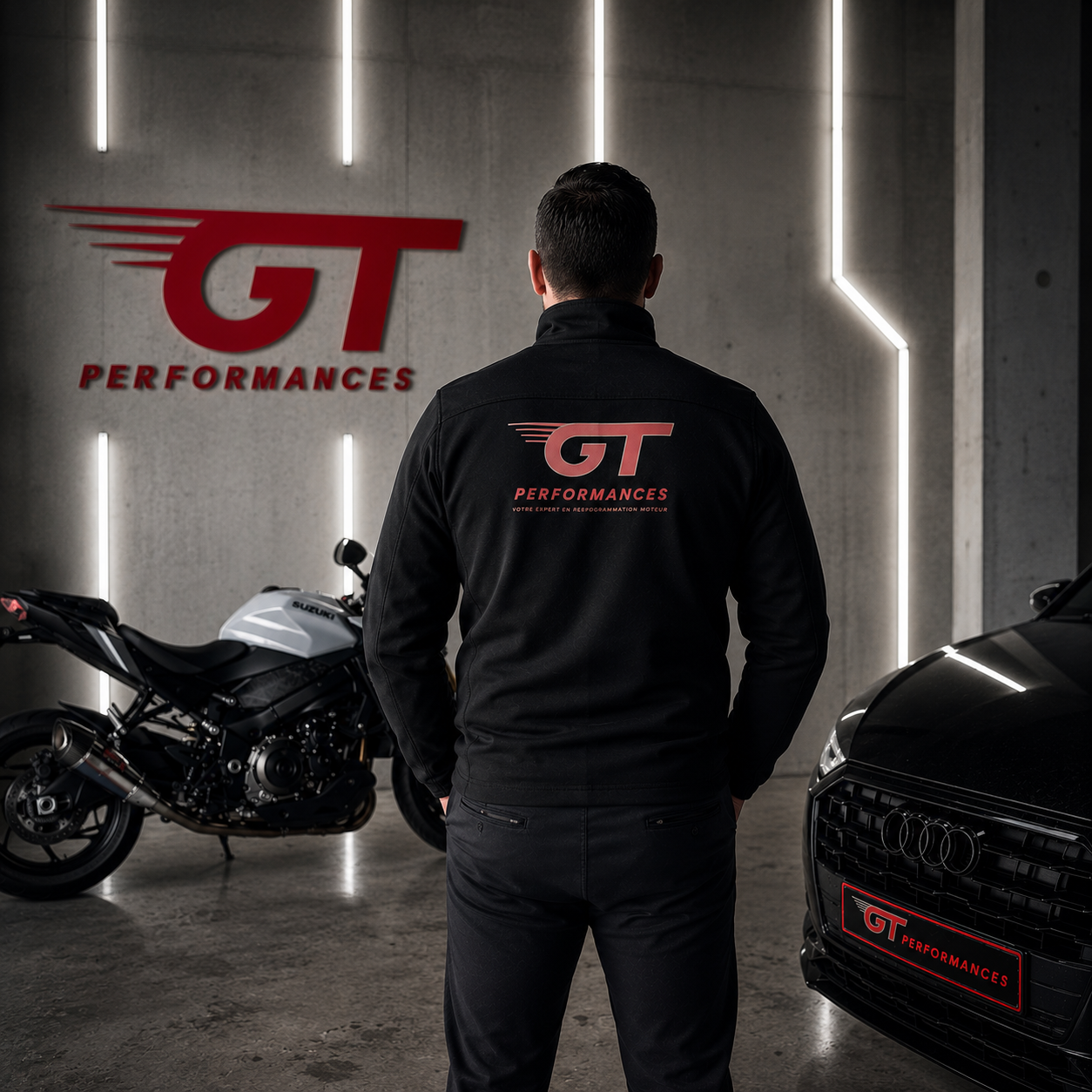 Atelier GT Performances 34 : logo mural, moto et véhicule préparés