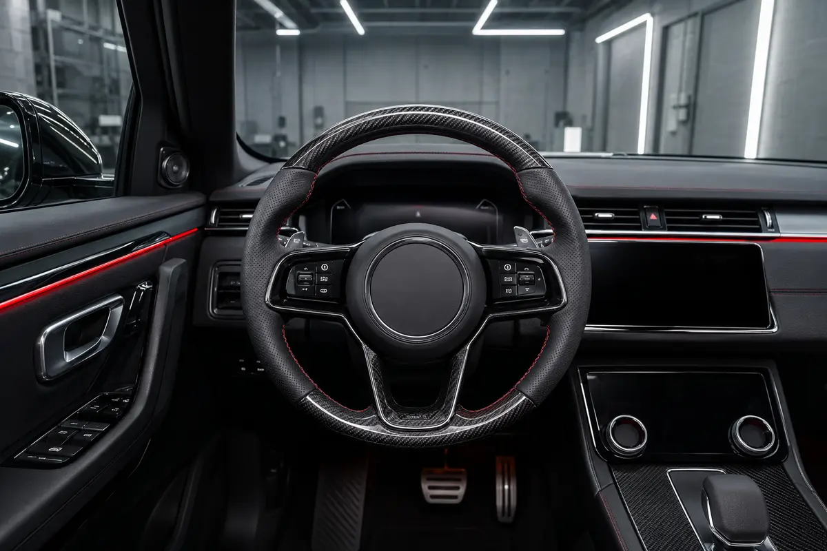 Volant automobile personnalisé avec finition noire et coutures rouges