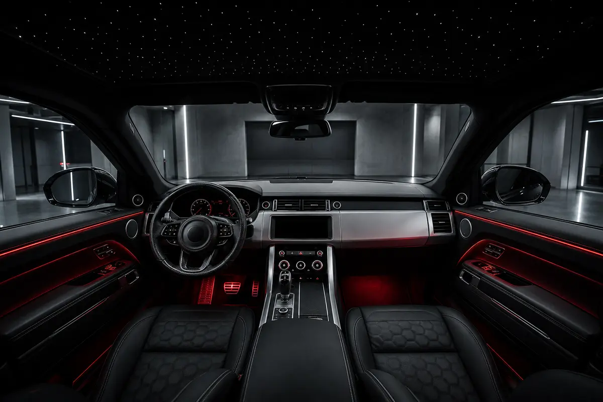 Habitacle de SUV avec ciel étoilé et éclairage rouge discret